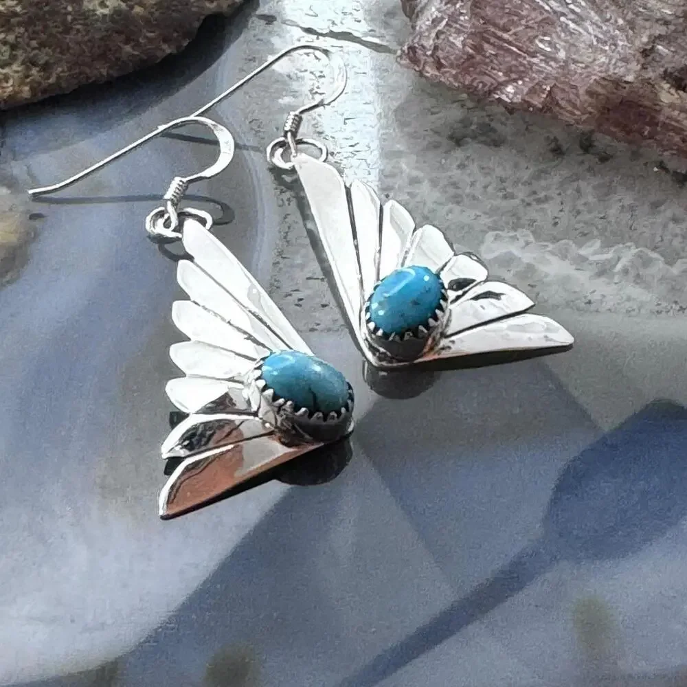 Michael Nez Sterling Silver Oval Turquoise Cloud Dangle Earrings For Women - Picture 3 of 10